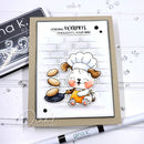 Card with a cute dog chef design and 'Sending warm thoughts your way' text, featuring Gina K. Designs products.