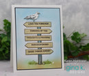 Greeting card with wooden signpost and bird illustration, featuring text on a gradient background.