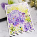 Greeting card with watercolor purple roses and yellow leaves on a white background