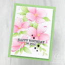 Floral birthday card with pink flowers and green leaves on a white background