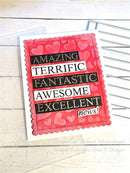 Card with positive phrases and hearts on a white background