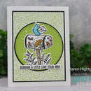 Greeting card with mailbox and flowers design, featuring Karen Highton and Gina K. Designs branding.