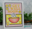 Get well soon card with a cup of tea and flowers, featuring Karen Hightower and Gina K. Designs.