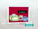 Card with illustrations of a tissue box, medicine bottle, and mug on a red background with 'Get well soon!' text, branded 'gina k. DESIGNS'.