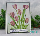 Greeting card with pink tulips and 'Birthday Wishes' text, featuring Karen Hightower and Gina K. Designs branding.