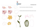 Floral and vase die-cut shapes with Blooming Mood branding on a white background