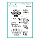 Clear stamp set with cute illustrations and text from Gina K. Designs on a white background.