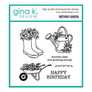 Gina K Designs birthday-themed stamp set with boots, watering can, and wheelbarrow on a white background.
