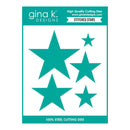 Packaging of gina k. Designs Stitched Stars cutting dies with teal stars on a white background.