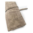 Brown leather pouch with a brand logo on a white background