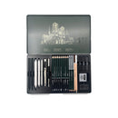 Artistic drawing set with pencils and tools in a black tin case on a white background