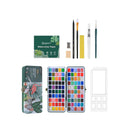 Art supplies including watercolor paper, brushes, and color palettes on a white background