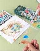 Person using watercolor paints and a palette on a light green surface