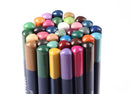 Assorted colored markers arranged in a circular pattern on a white background