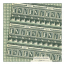 Patterned fabric with green and beige design featuring icons and text on a checkered background.
