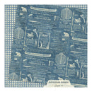 Patterned fabric with vintage-style advertisements and graphics on a blue and beige checkered background.