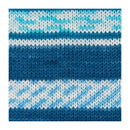 Knitted fabric with blue and white horizontal stripes on a white background