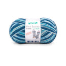 Blue and white striped yarn ball with 'grundl' label on a white background
