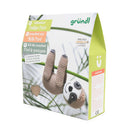 Crochet sloth set packaging with 'gröndl' branding on a white background