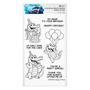 Set of stamps with cartoon alligators for birthday-themed designs, featuring text and graphics.