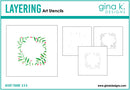 Heart frame stencils with decorative elements on a white background, featuring 'gina k. Designs' branding.
