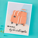 Card with orange suitcase design and text 'life is short, buy the craft supplies' on a teal background.