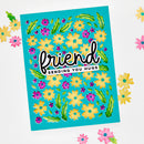 Colorful card with floral design and 'friend sending you hugs' text on a white background.