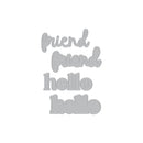 Metallic 'friend' and 'hello' word cutouts on a white background