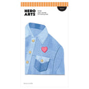Hero Arts denim jacket die set packaging with a heart-shaped pin on a white background