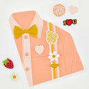 Decorative paper shirt with bow tie, flowers, and text on a light gray background