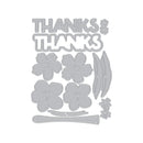 Metal die cut shapes with floral and 'THANKS' text on a white background