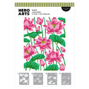 Hero Arts Lotus Field stencil packaging with pink flowers and green leaves on a white background.