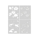 Four floral and nature-themed stencils on a gray background