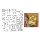 Set of die-cutting stamps with kitchen-themed designs and a card featuring a mouse illustration.