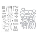 Set of black line art illustrations on a white background, including kitchen utensils, a mouse character, and text.