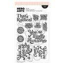 Hero Arts Totally Awesome stamp and die set with various phrases on a white background