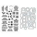 Set of metal stamps with various designs and text on a white background