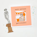 Birthday card with classical design elements on a white background