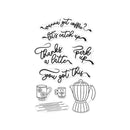 Set of black and white coffee-themed illustrations with text on a white background