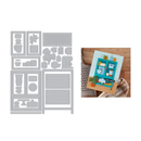 Set of stencils with various shapes and a completed card with a kitchen design on a wooden surface.