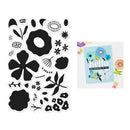 Black floral and geometric stickers with a 'hello' card featuring colorful flowers on a white background.