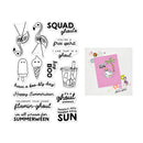 A set of clear stamp sheets with black cartoon flamingo, ghost, ice cream cone, and summer-themed phrases, shown next to a pink stamped card featuring a flamingo illustration.
