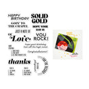 A sheet of clear stamp designs with black text phrases such as 'HAPPY BIRTHDAY', 'SOLID GOLD', 'GOIN' TO THE CHAPEL', and 'thanks', plus a small printed example card on the right showing a vinyl record and the words 'Solid Gold' and 'How to Make Love'.