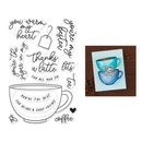 Set of coffee-themed clear stamps with various phrases and a cup design, alongside a card with coffee cups on a wooden surface.