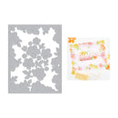 Floral die-cutting template with a sample card featuring 'Thanks for everything' text.