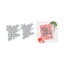 A metal die-cutting or stamping template set shown on a white background, alongside a sample printed card design featuring the phrase 'Have a Cool Yule' in script on a pink patterned background with a red envelope and a green circular sticker.