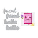 Metallic 'friend' and 'hello' letter stamps with a decorative card featuring 'hello friend' text.