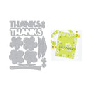 Set of metal cutting dies with floral and 'THANKS' designs, alongside a green card with floral pattern and 'THANKS' text.
