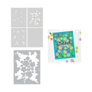 Set of stencils with floral designs and a greeting card on a white background