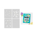 Set of stencils with floral patterns and a greeting card on a white background